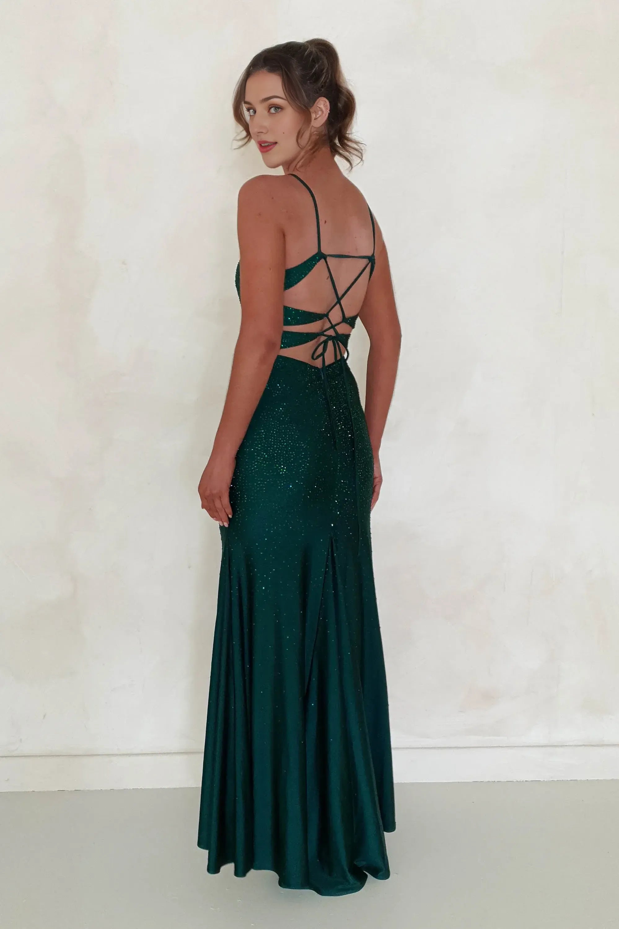 Weitese Dress Dark Green Bodycon Gown Plunging V Neck Spaghetti Straps Mermaid Crisscross Back Prom Dress